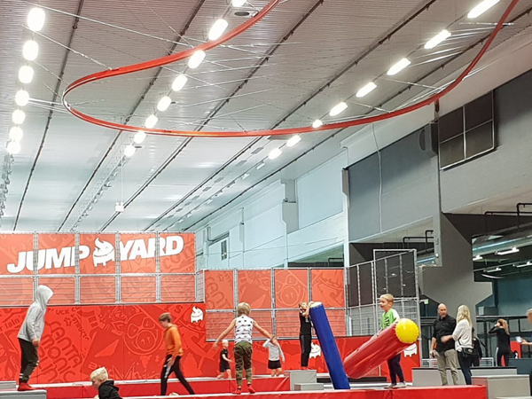 ZipZag track suspended in the roof over the trampoline park