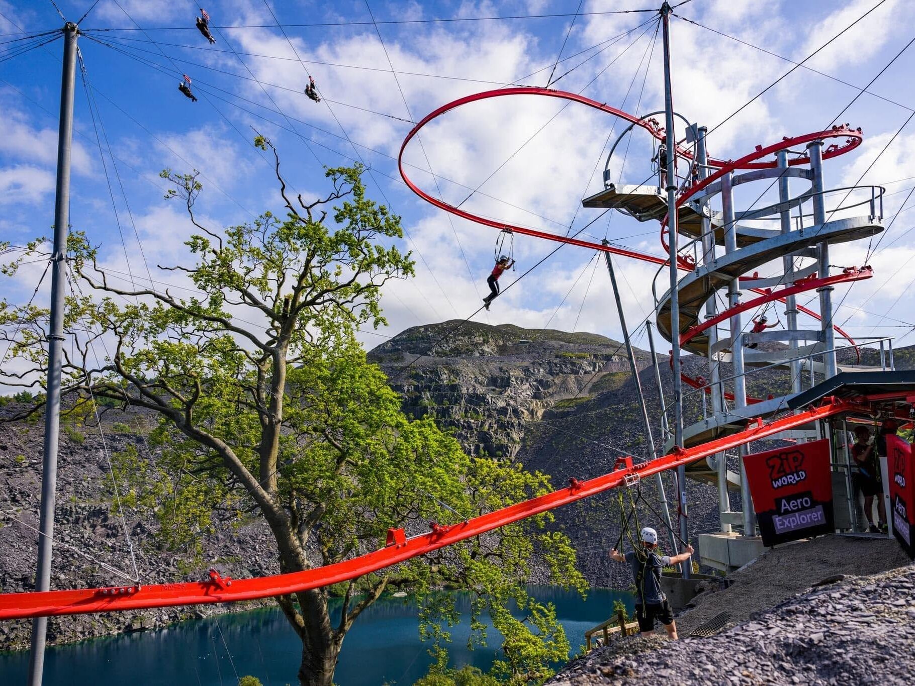 Landing, ascent, and take-off zones of the Aero Explorer zipcoaster by ZipZag Rides at Zip World Penrhyn Quarry
