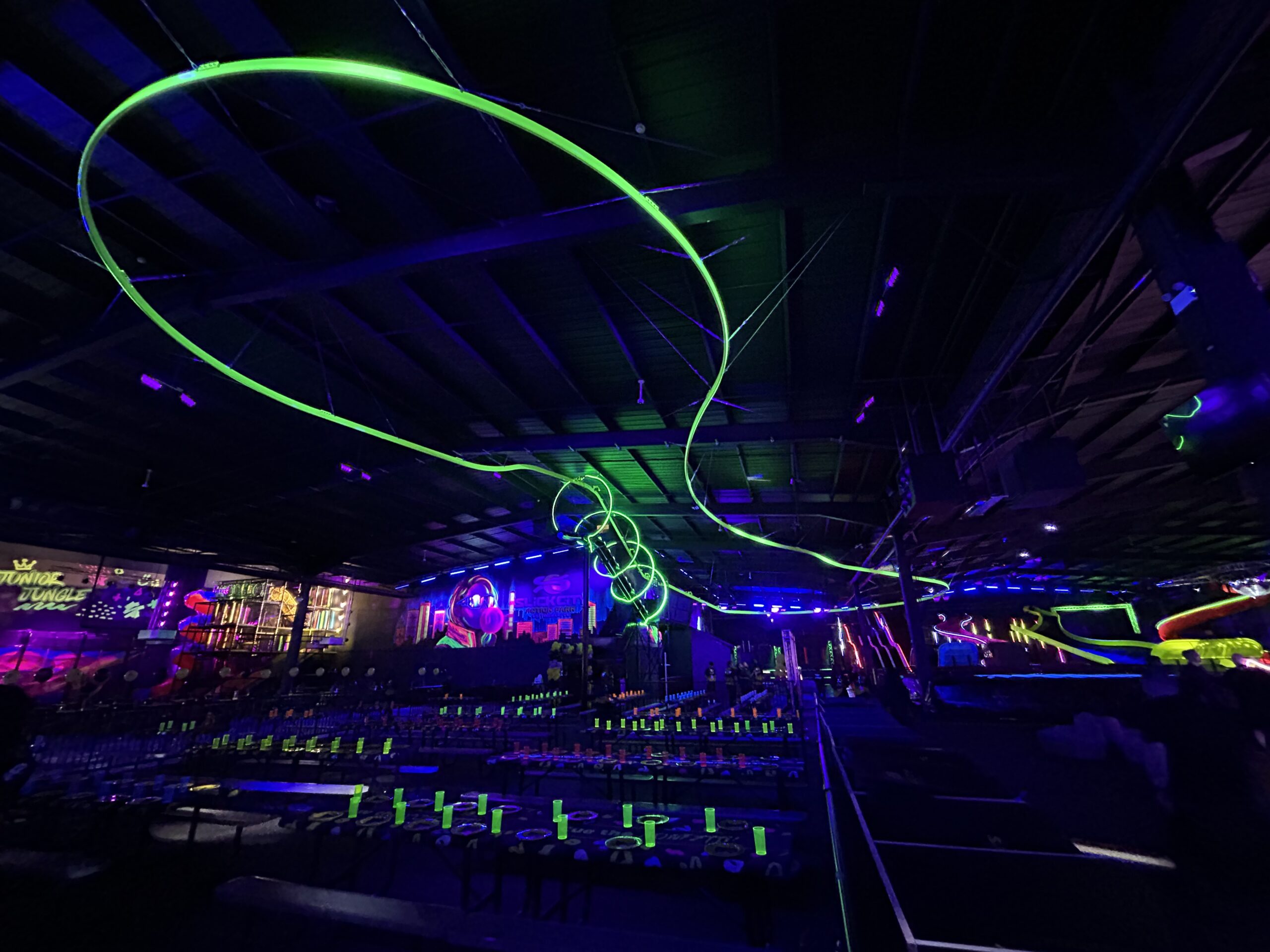 Glowing indoor zipcoaster at Slick City, Nottingham